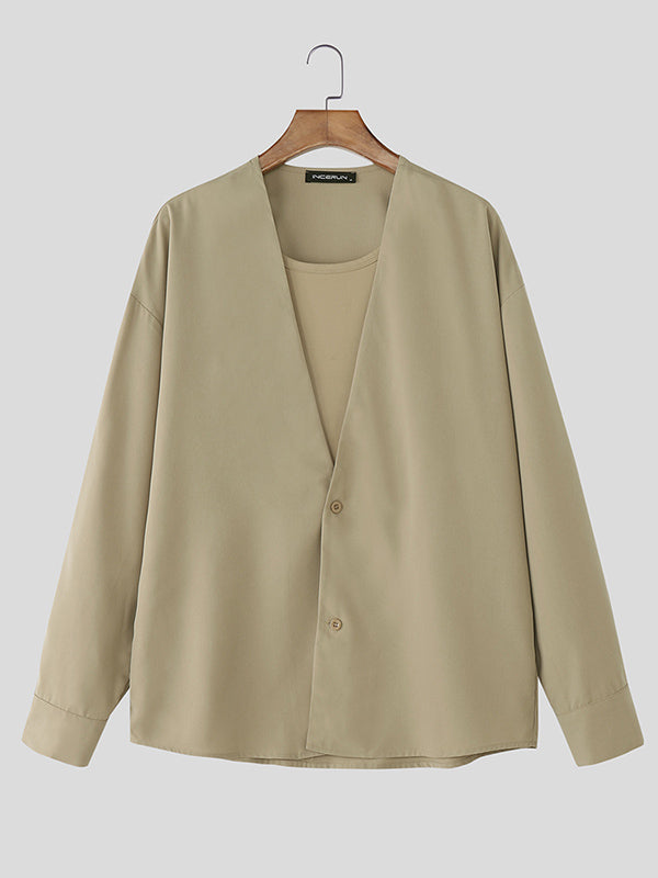 Men's Faux Two Pieces Casual Long Sleeve Shirt SKUL30779