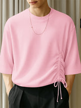 Mens Solid Color Textured Drawstring Short Sleeve T-Shirt SKUL16850