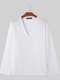 Mens Solid Texture V-Neck Long Sleeve T-Shirt SKUK49736