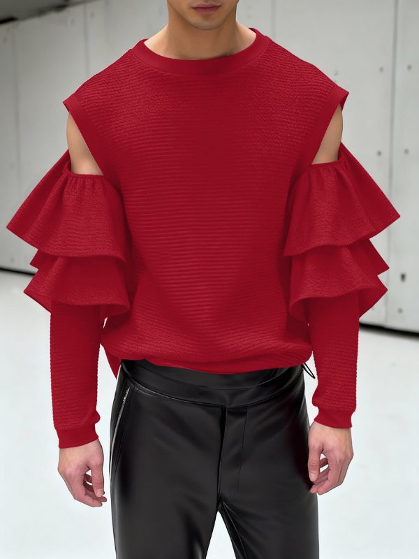 Men's Cutout Design Ruffle Long Sleeve T-shirt SKUL46571