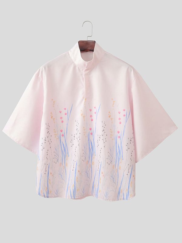 Men's Minimalist Casual Lightweight Floral Print Stand Collar Short Sleeve Shirt SKUL60818