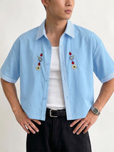 Men's Japanese Casual Floral Print Boxy Cropped Short Sleeve Shirt SKUL74581