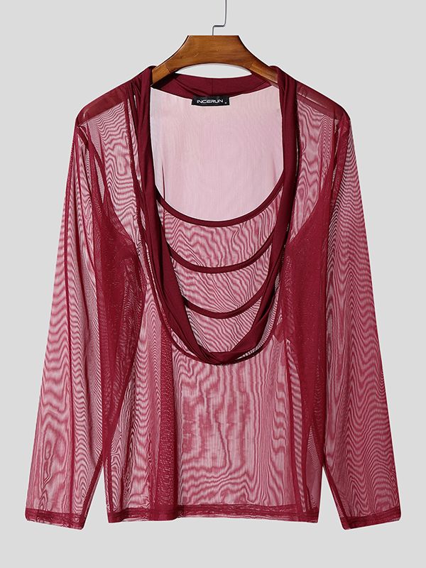 Men's Sheer Mesh Layered Long Sleeve T-shirt SKUL50564