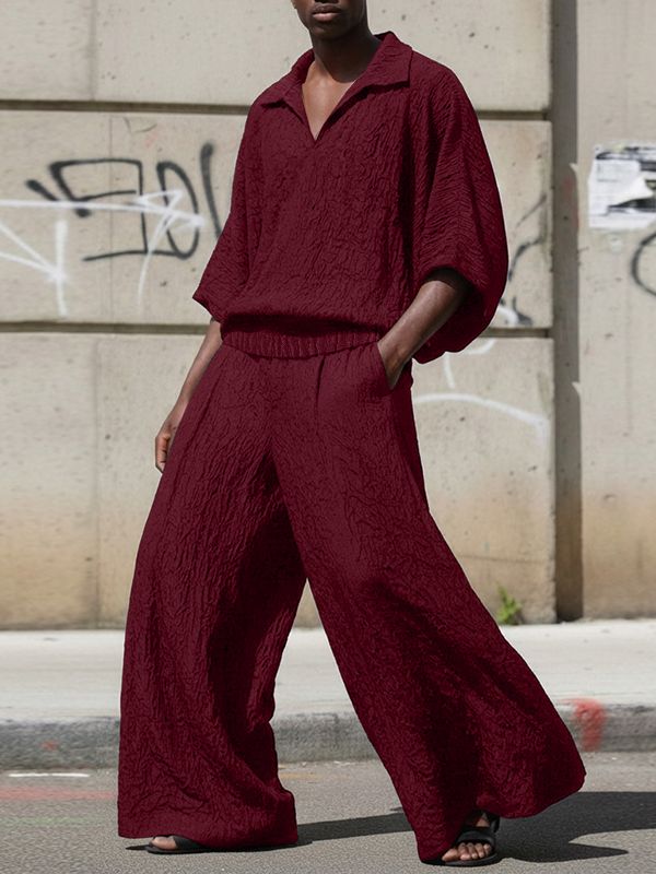 Men's Solid Color Textured V Neck Two Pieces Outfit SKUL54003