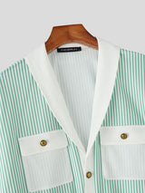 Men's Vintage Preppy Vertical Striped Knit Contrast Shawl Collar Pocket Short Sleeve Shirt SKUL63829