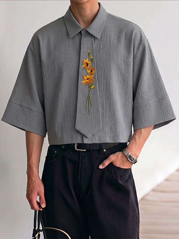 Men's Romantic Avant-Garde Sunflower Embroidered Drop Shoulder Half Sleeve Shirt SKUL78943
