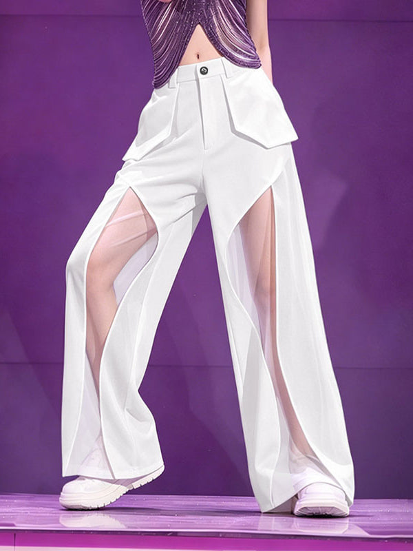 Men's Unisex Avant-Garde Thigh Cutout Mesh Paneled High Waist Baggy Wide Leg Pant SKUL64257