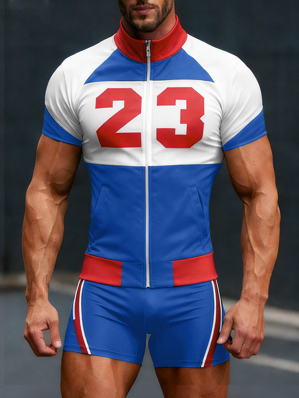 Men's Number Print Color Block Zip Two Pieces Outfit SKUL50007