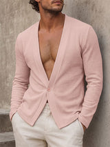 Men's Yuppie Resort Deep V-Neck Collarless Textured Cardigan SKUL79221