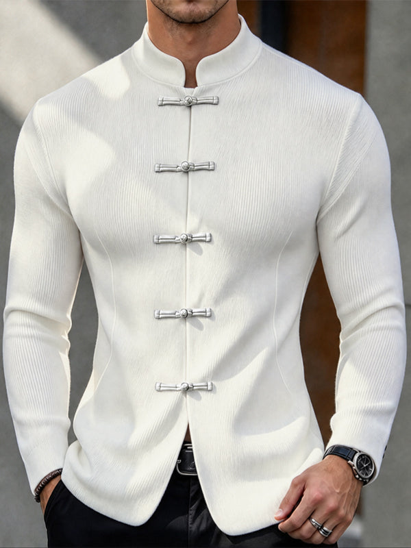 [Pre-order] Men's Neo-Chinese Chic Evening Date Contrast Frog Button Ribbed Long Sleeve T-shirt SKUL88537