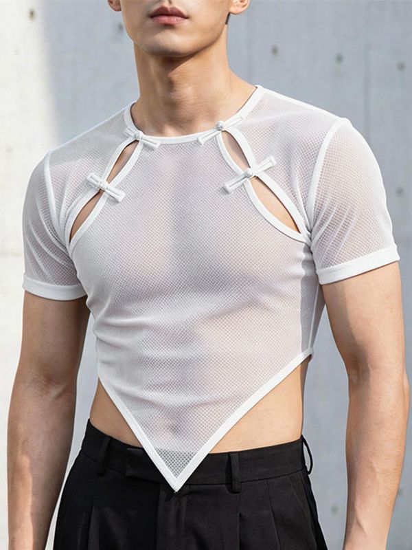 Men's Avant-Garde New Chinese Style Sheer Mesh Frog Button Pointed Hem T-shirt SKUL59967