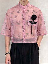 Men's Avant-Garde Sheer Floral Organza 3D Rose Appliqué Stand Collar Boxy Cropped Shirt SKUL75793