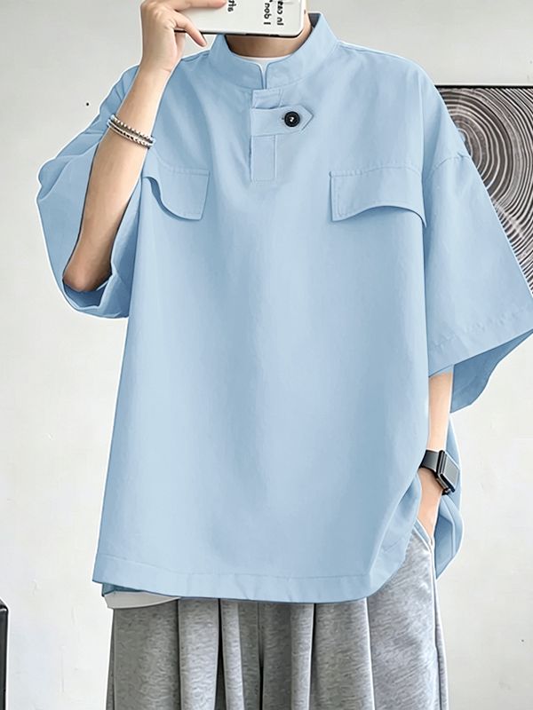 Men's Modern Chinoiserie Mock Neck Asymmetric Tab Button Utility Short Sleeve Shirt SKUL68246