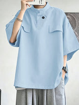 Men's Modern Chinoiserie Mock Neck Asymmetric Tab Button Utility Short Sleeve Shirt SKUL68246