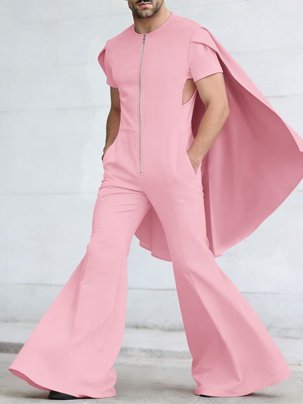 Men's Deconstructed Solid Color Cape Patchwork Jumpsuit SKUL58587