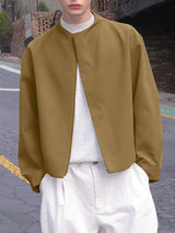 Men's Korean Minimalist Collarless Hidden Placket Boxy Cropped Long Sleeve Shirt SKUL76488