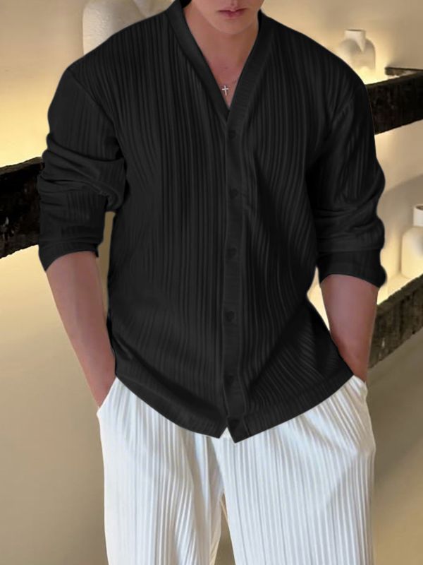 Men's Solid Color Textured Long Sleeve Cardigan SKUL47671