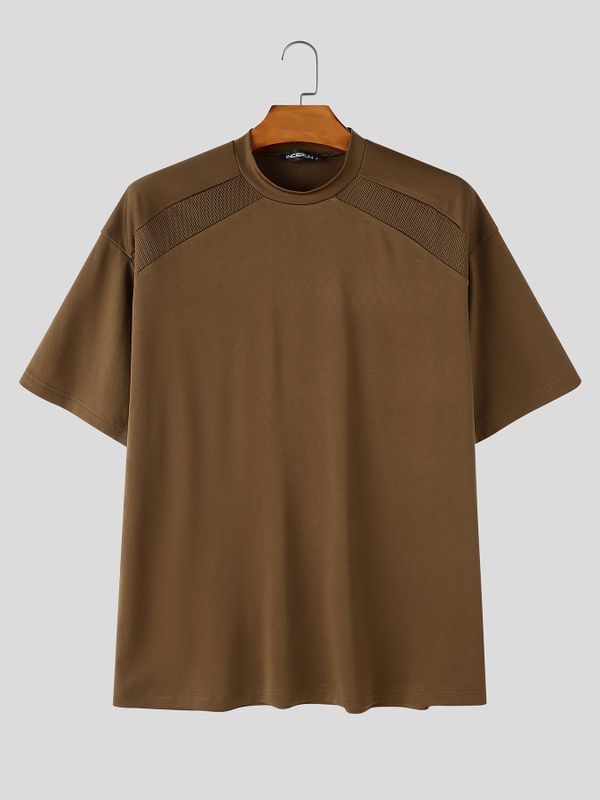 Men's Techwear Shoulder Mesh Panel Mock Neck Short Sleeve T-Shirt SKUL68988