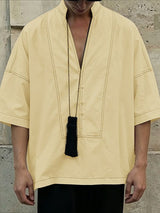 Men's Vintage Casual Contrast Stitching Deep V Neck Short Sleeve Shirt SKUL63973