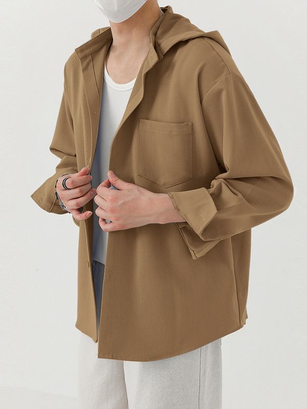 Men's Solid Color Hooded Long Sleeve Shirt SKUL45108