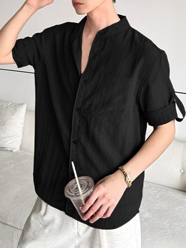 Men's Vintage Japanese Style Relaxed Stand Collar Shirt SKUL75418