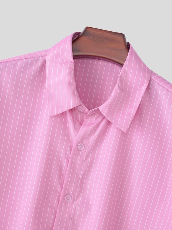 Men's Trendy Casual Lightweight Vertical Striped Boxy Cropped Short Sleeve Shirt SKUL68346