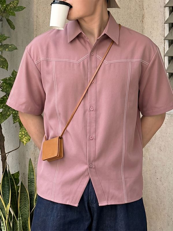 Men's American Vintage Streetwear Contrast Stitching Short Sleeve Shirt SKUL73755
