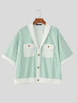 Men's Vintage Preppy Vertical Striped Knit Contrast Shawl Collar Pocket Short Sleeve Shirt SKUL63829