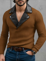 Men's Knit Textured Contrast Collar Long Sleeve Sweater SKUL45341