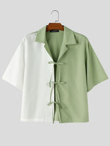 Men's Vintage Colorblock Contrast Tie Front Cuban Collar Short Sleeve Shirt SKUL70268