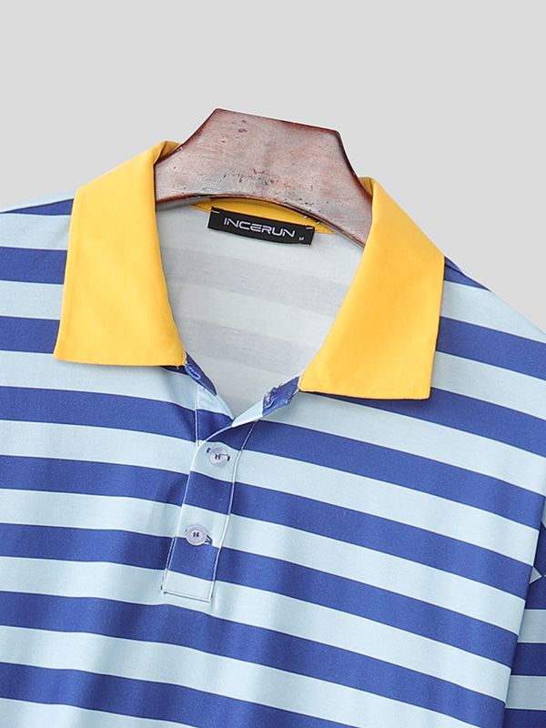 Men's Striped Contrast Turn Down Collar Long Sleeve Shirt SKUL50980