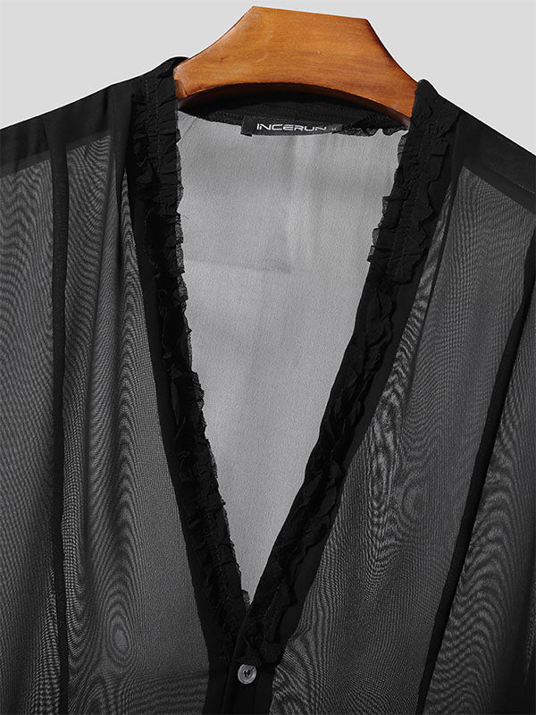 Men's Sheer Lace Patchwork Long Sleeve Shirt SKUL25962