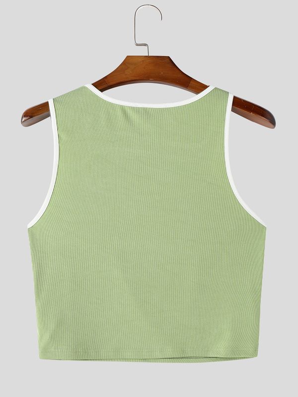 Men's Avant-Garde Genderless Contrast Binding Metal Button Chest Cutout Cropped Fitted Tank SKUL72439