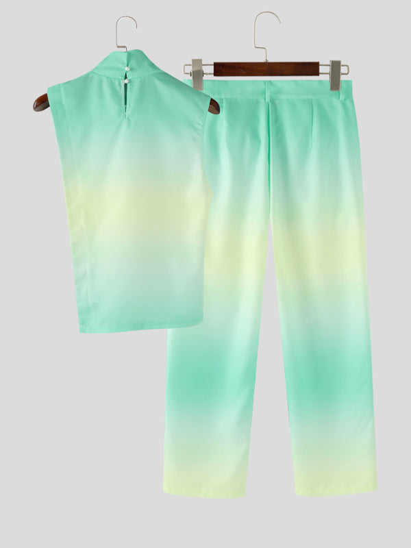 Mens Gradient Color Hollow-Out Two Pieces Outfit SKUL24953