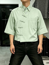 Men's New Chinese Style Gingham Frog Button Short Sleeve Shirt SKUL58785