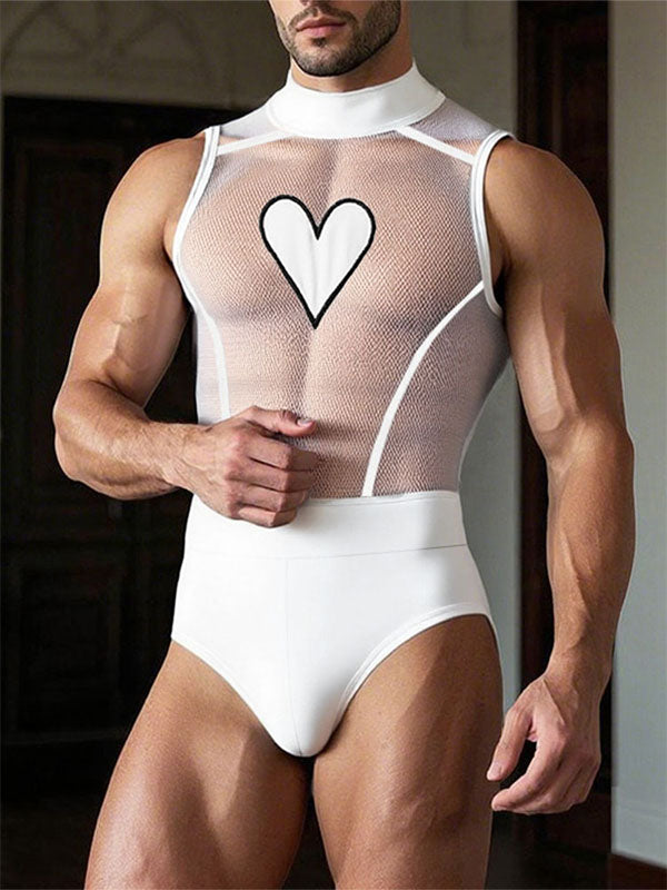 Men's Heart Print Sheer Casual Bodysuit SKUL13990