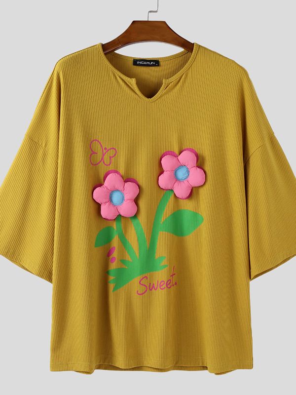 Men's 3D Floral Print Textured Half Sleeve T-Shirt SKUL32865