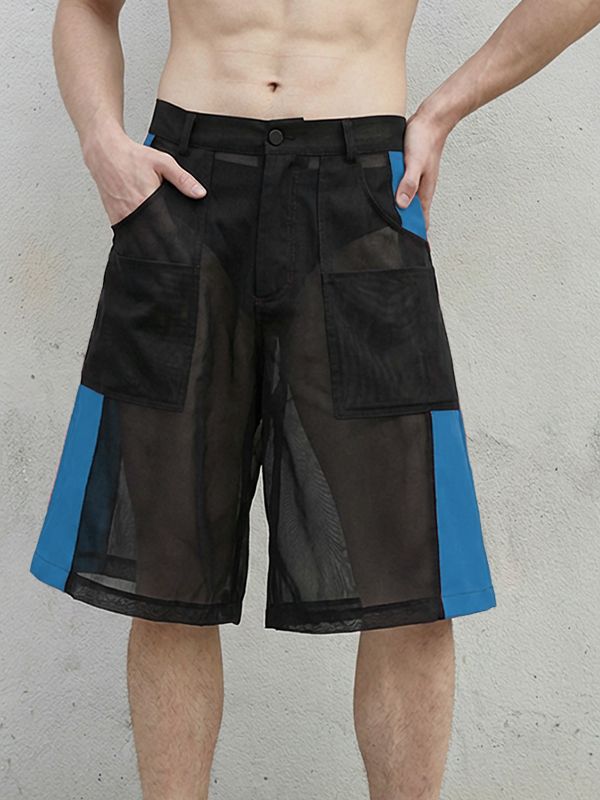 Men's See-Through Mesh Patchwork Wide Leg Front Pocket Loose Fit Short SKUL57798