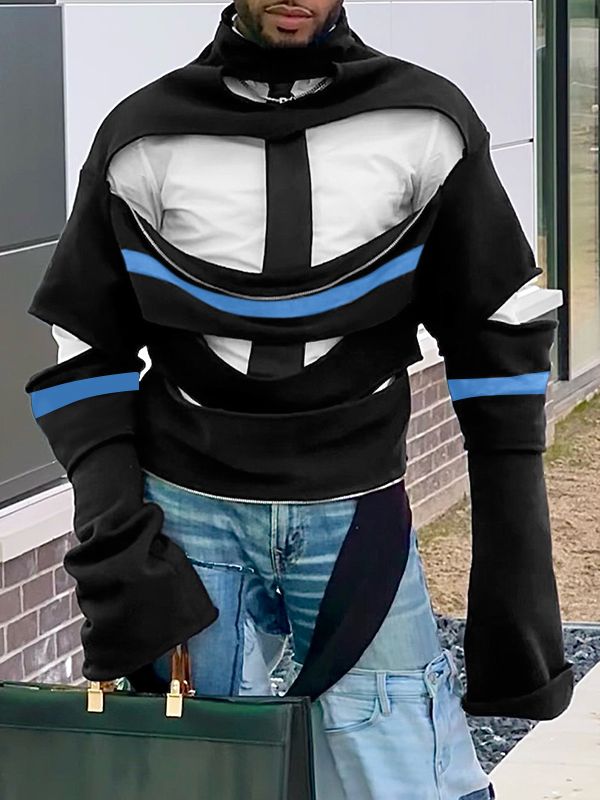Men's Cut Out Design Contrast Color Striped Zipper Long Sleeve Sweatshirt SKUL36342