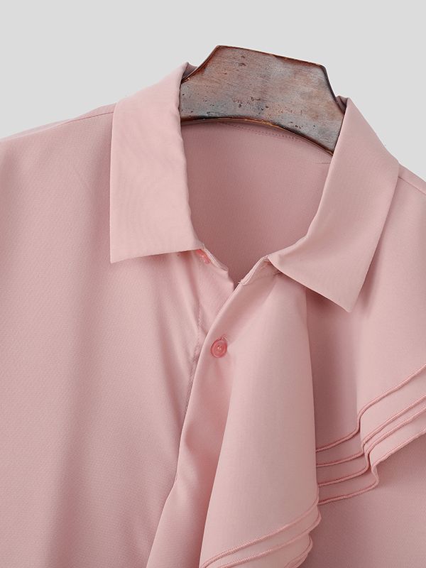 Men's Solid Color Ruffle Patchwork Long Sleeve Shirt SKUL42286