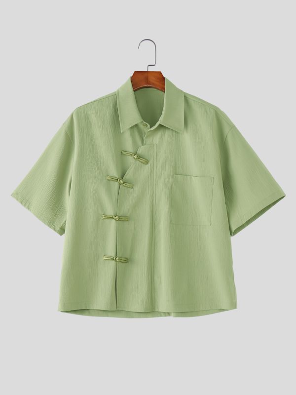 Men's Modern Zen Asymmetrical Slant-Placket Frog-Button Shirt SKUL58777