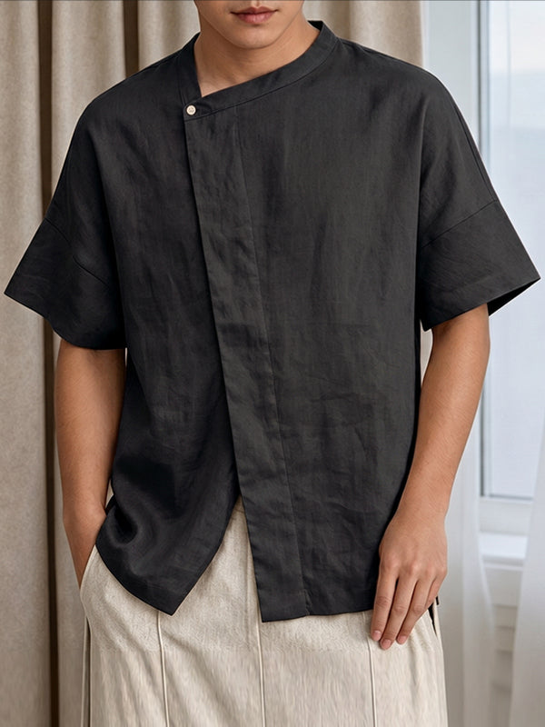 Men's High-Street Neo-Chinese Asymmetric Covered Placket Short Sleeve Shirt SKUL74759