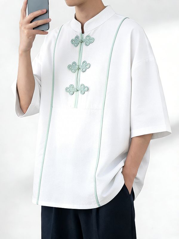 Men's Contrast Trim Frog Button Stand Collar Half Sleeve Shirt SKUL60611