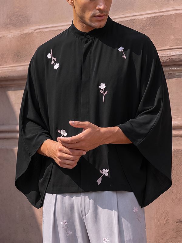 Men's Zen Minimalist Tea Gathering Floral Branch Print Kimono Sleeve Stand Collar Shirt SKUL85445