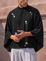 Men's Zen Minimalist Tea Gathering Floral Branch Print Kimono Sleeve Stand Collar Shirt SKUL85445
