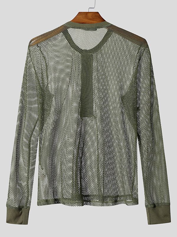 Men's Sheer Mesh Half Placket Long Sleeve T-shirt SKUL48015