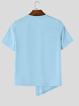 Men's Solid Color Asymmetric Placket Textured Button Short Sleeve T-shirt SKUL59951