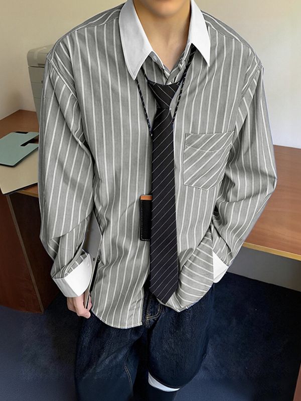 Men's Stripe Contrast Color Long Sleeve Shirt SKUL41195