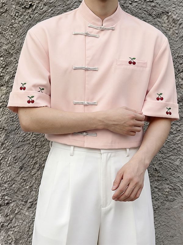 Men's Modern Chinese Mandarin Collar Frog Button Cherry Print Cropped Short Sleeve Shirt SKUL60983
