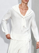 Men's Solid Color Textured Navy Collar Long Sleeve T-shirt SKUL51995